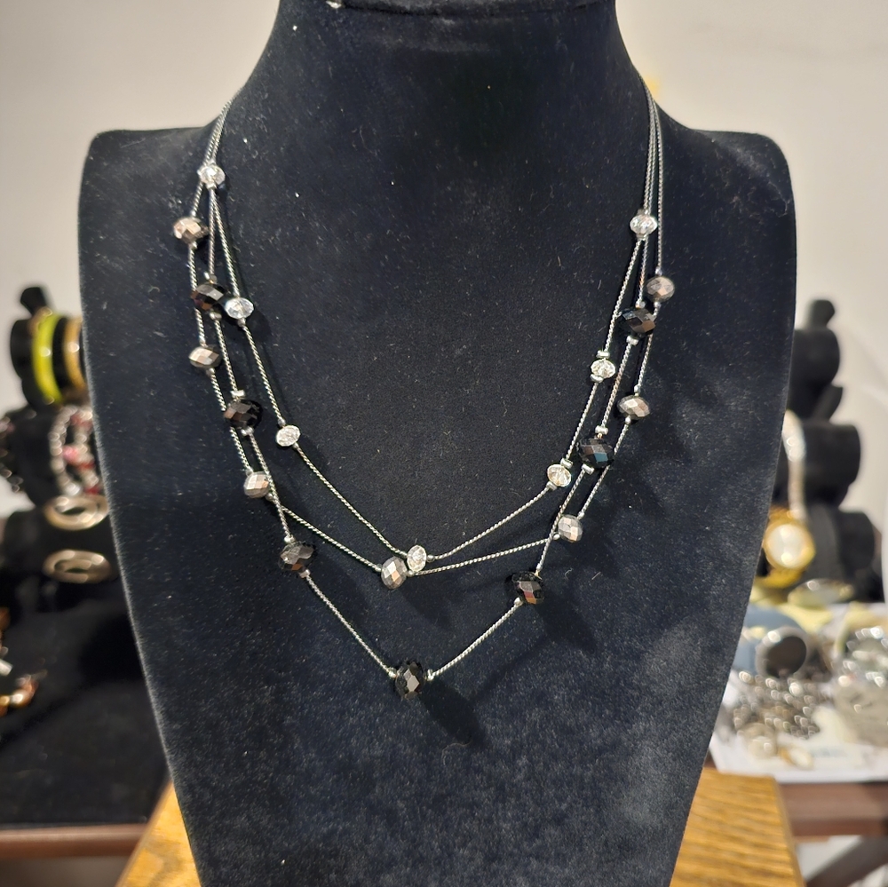 Multi layered black,silver,clear faceted bead necklace